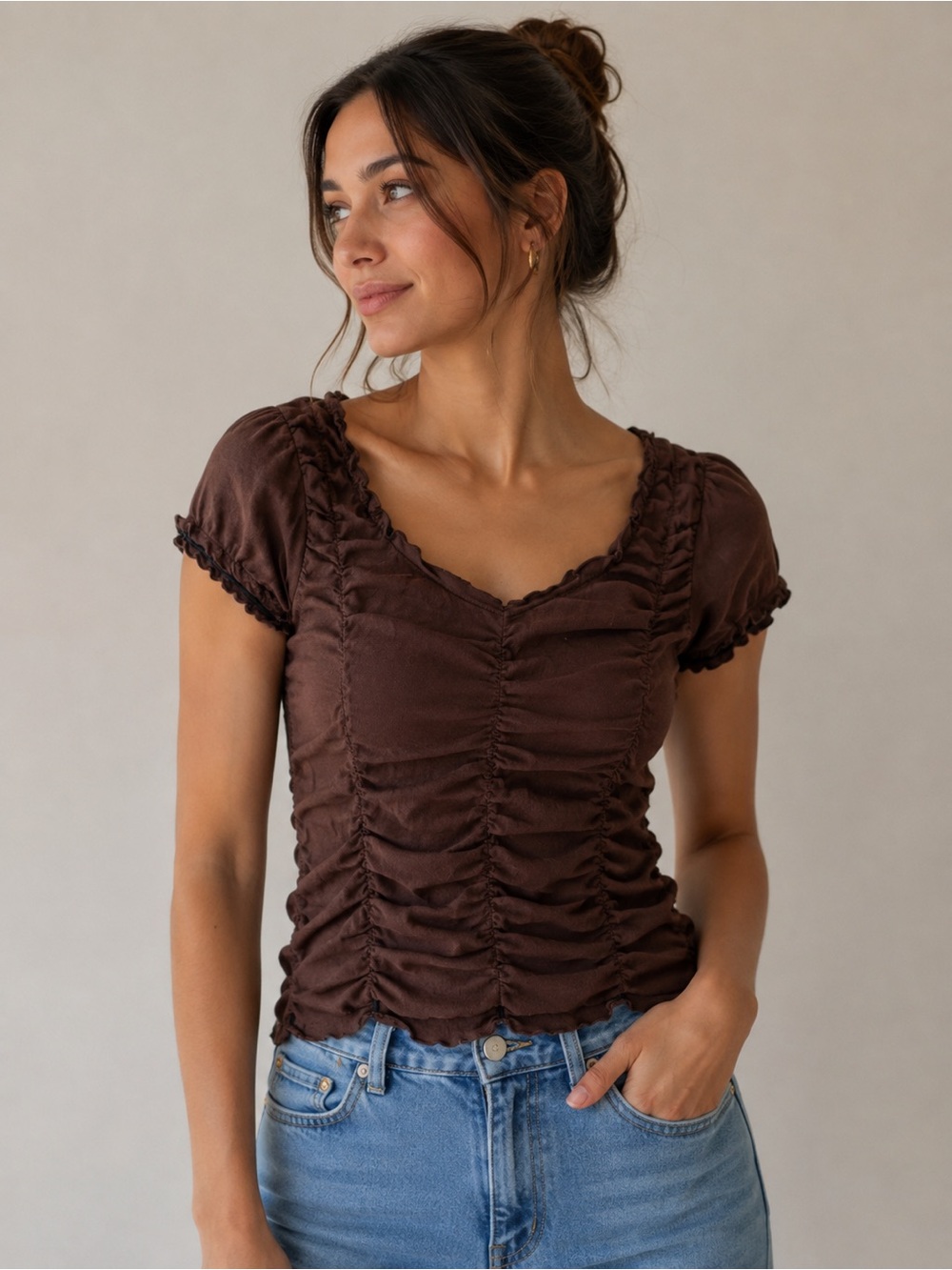 Bohme Chocolate Brown Ruched Crop Top with Short Sleeves